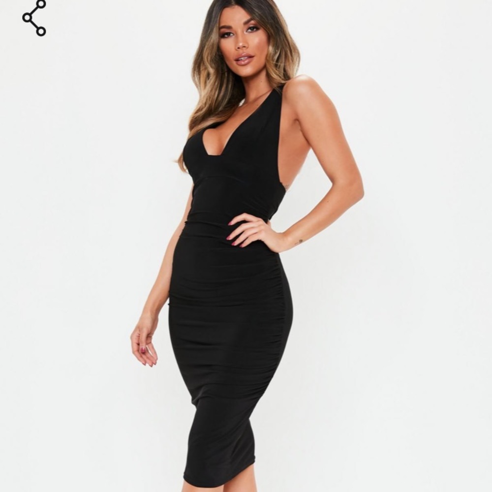 Misguided black plunge slinky bodycon midi dress